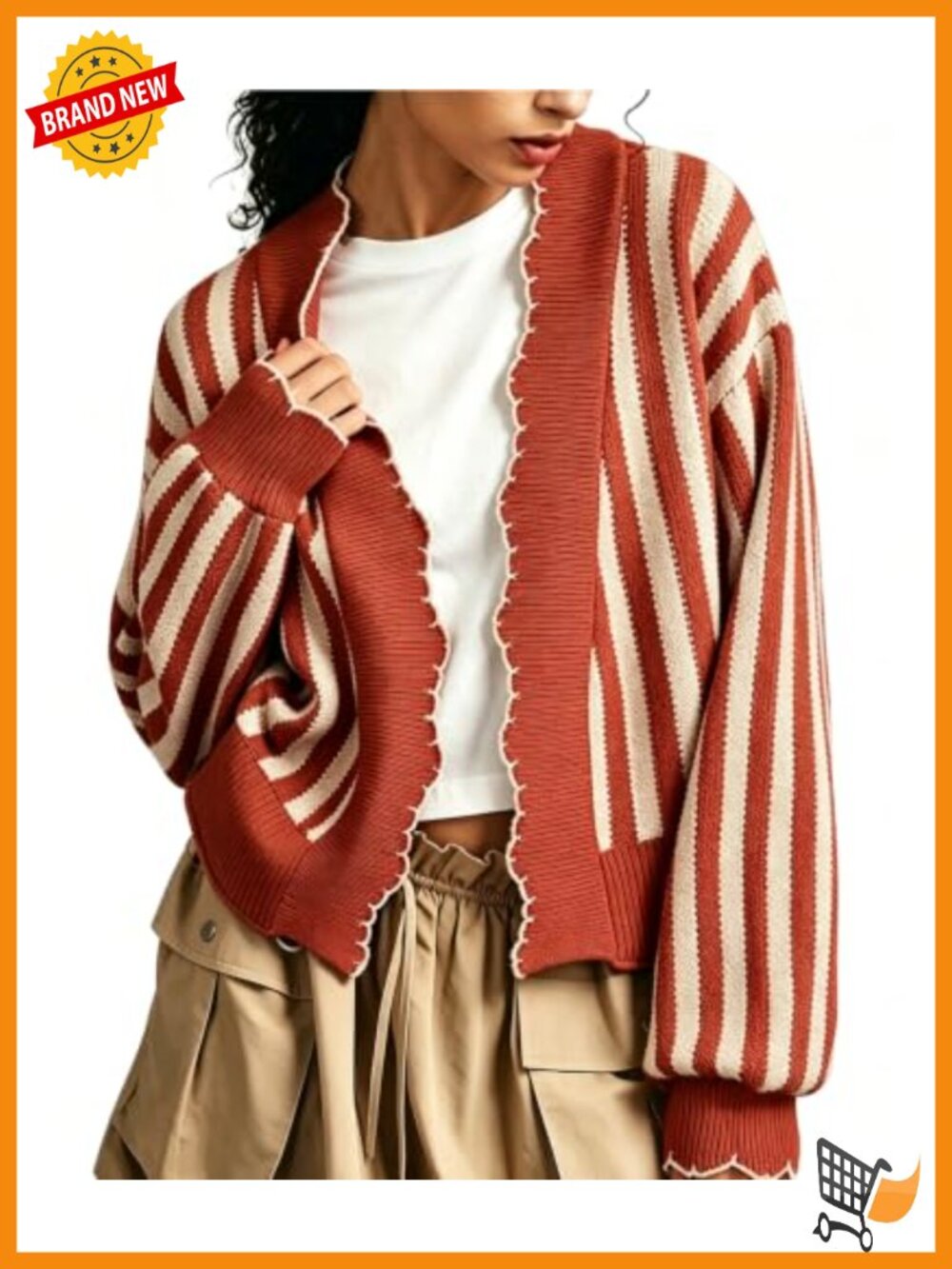 Waffle Knit Cropped Cardigan Striped Open Front Long Sleeve